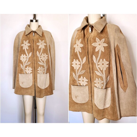 Vintage Jackets & Blazers - Vintage Leather Suede Poncho Cape Floral Distressed Rustic Oversized Woo…